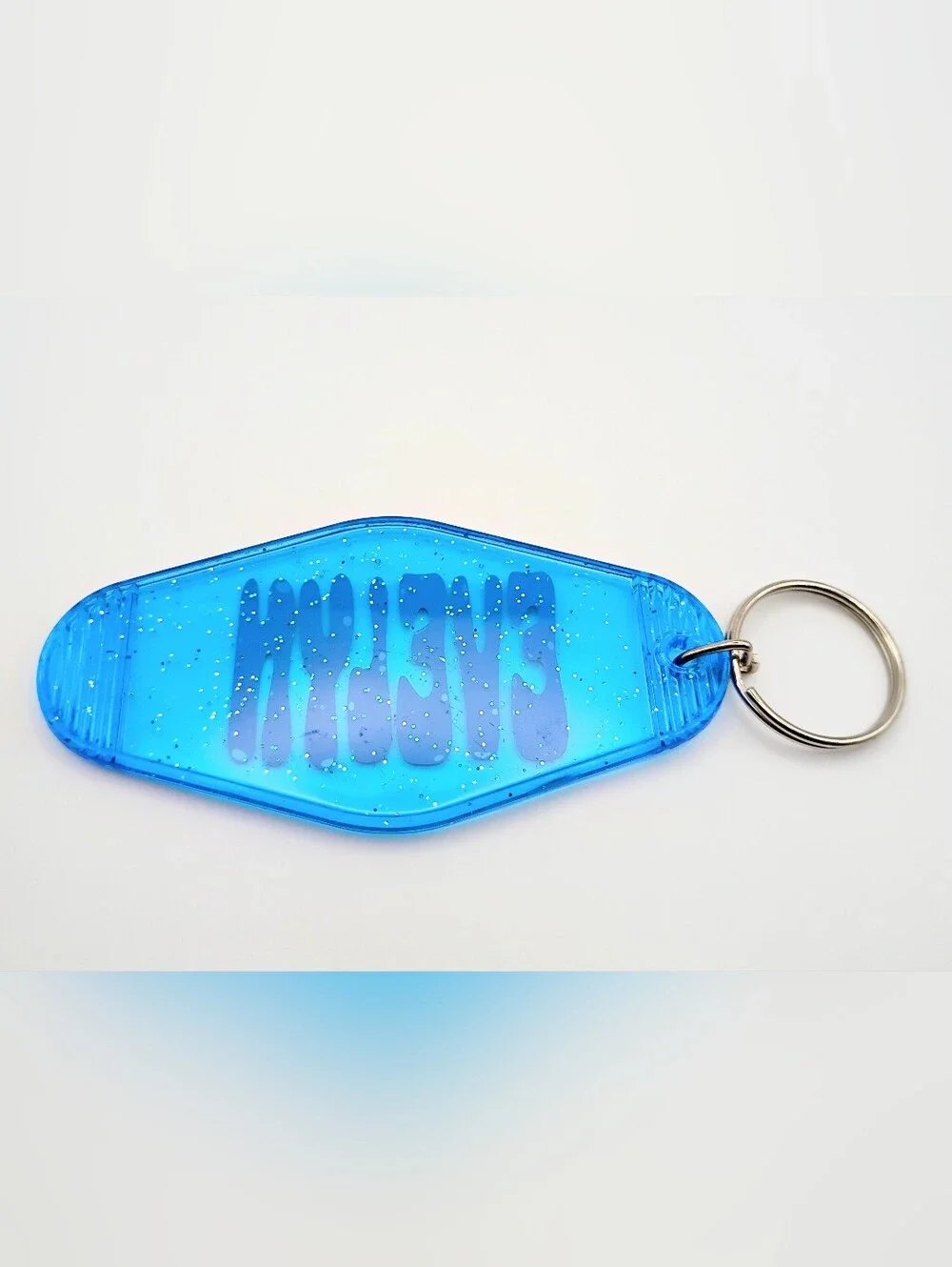 Personalized Blue Keychain with Pink 'Evelyn' Name